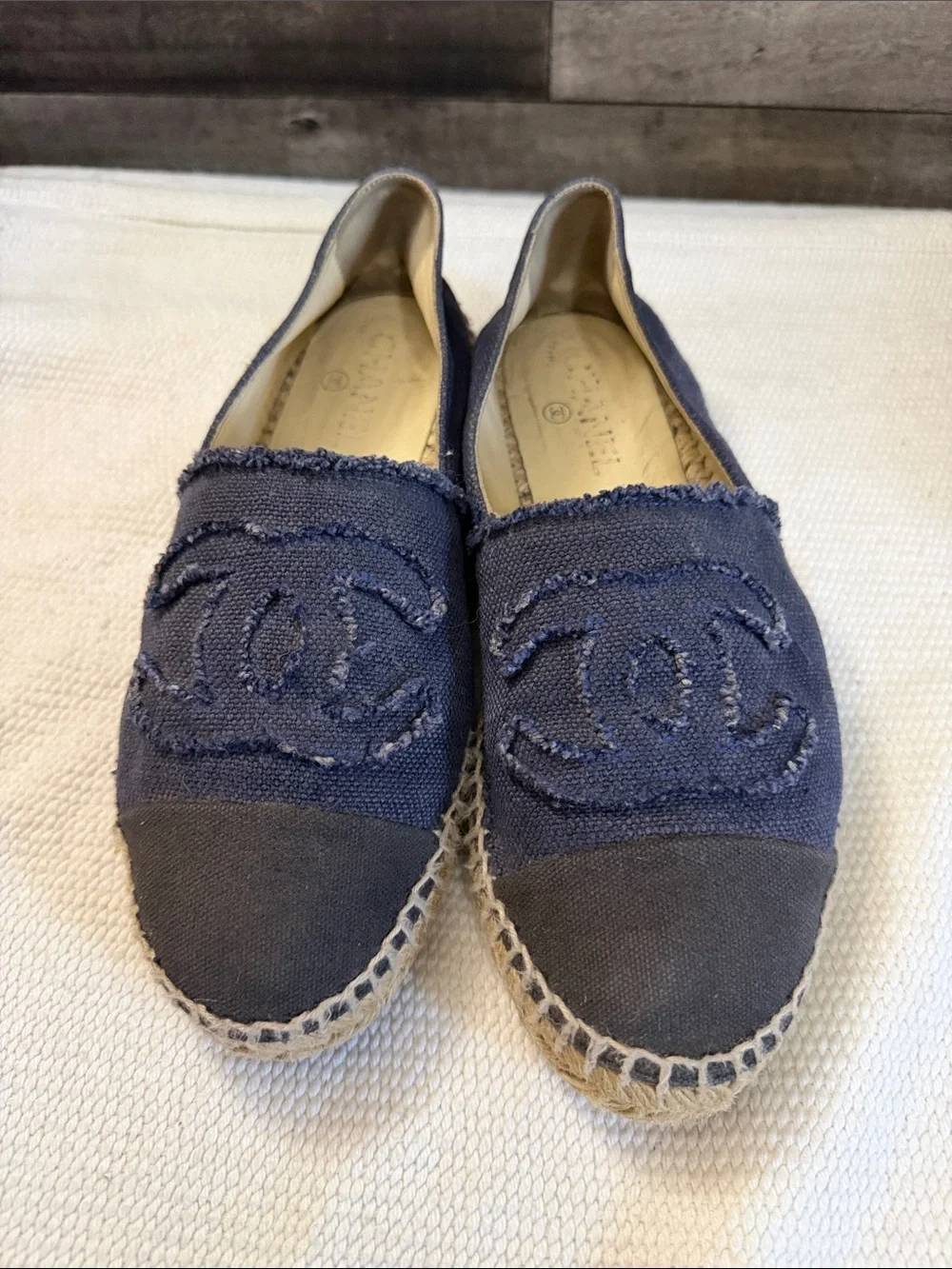 CHANEL Navy Canvas Espadrille Flats with Interlocking CC